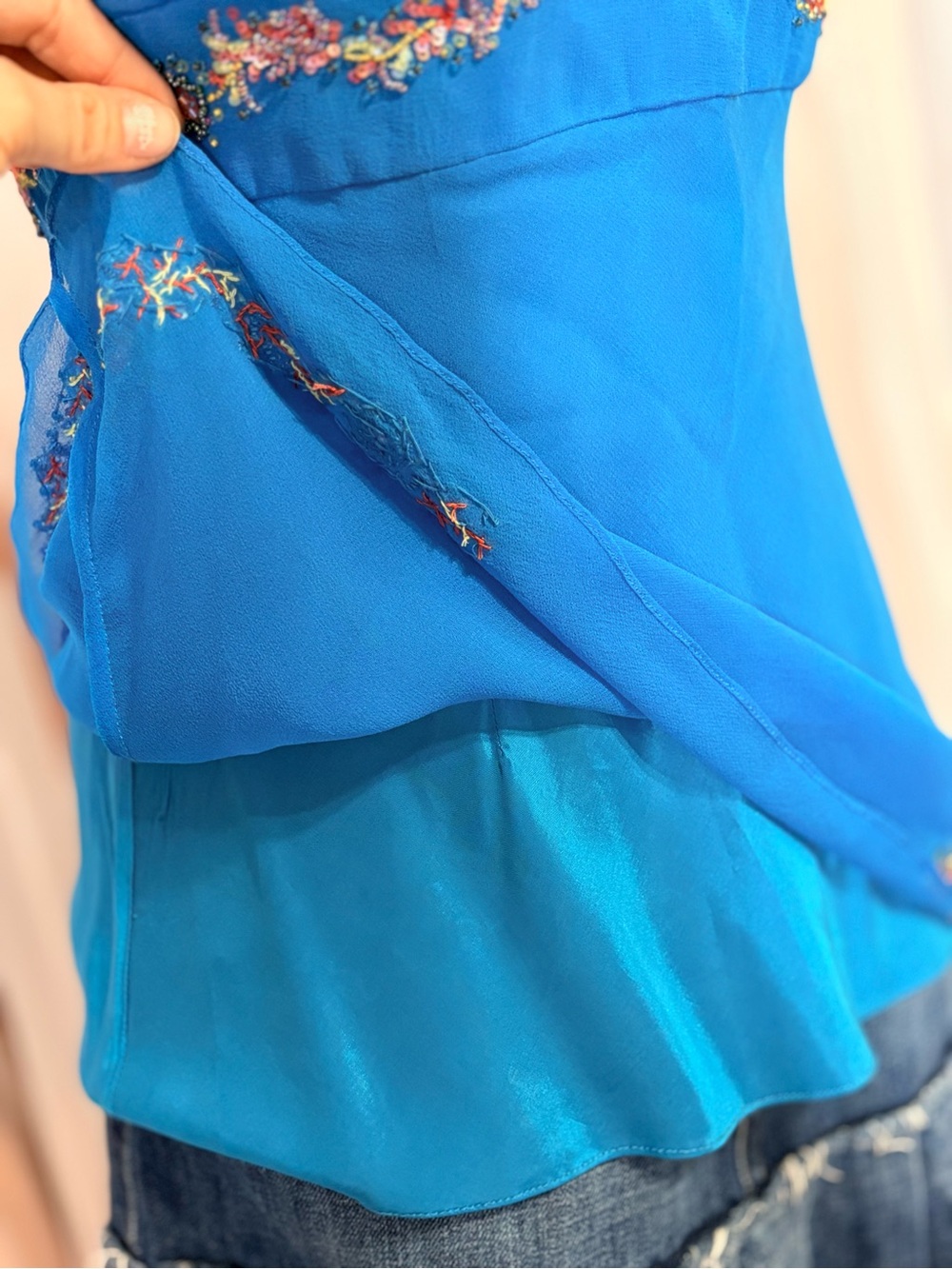 Caché 100% Silk Beaded Cami Tank Top Blue Y2K Fairy Boho Embellished Size 8 - Picture 5 of 14